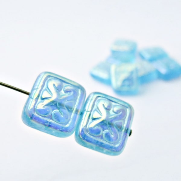 8 or 24 pcs Ornamental Rectangle Czech Glass Beads 11x12mm - Aqua Blue AB - Fancy Beads for Jewelry Making