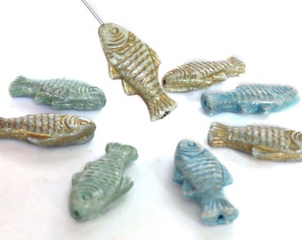 4 or 12pcs Large Fish Beads Czech Glass Beads - Green, Blue, Green Gold, Blue Gold