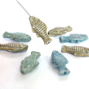 4 or 12pcs Large Fish Beads Czech Glass Beads - Green, Blue, Green Gold, Blue Gold