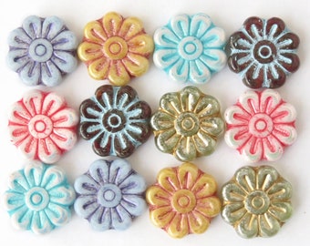 18mm Large Daisy Flower Czech Beads for Jewelry Making- Blue, Pink, Beige, Brown - 4 or 12pcs in a pack