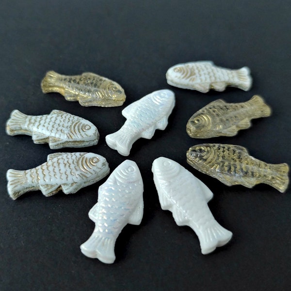 4 or 12pcs Large Fish Beads Czech Glass Beads - White Gold, White AB, Clear Gold