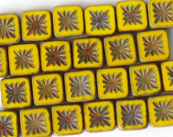 10 or 30 pcs Table Cut Star Square Beads Yellow Picasso , 10mm Czech Glass for Jewelry Making