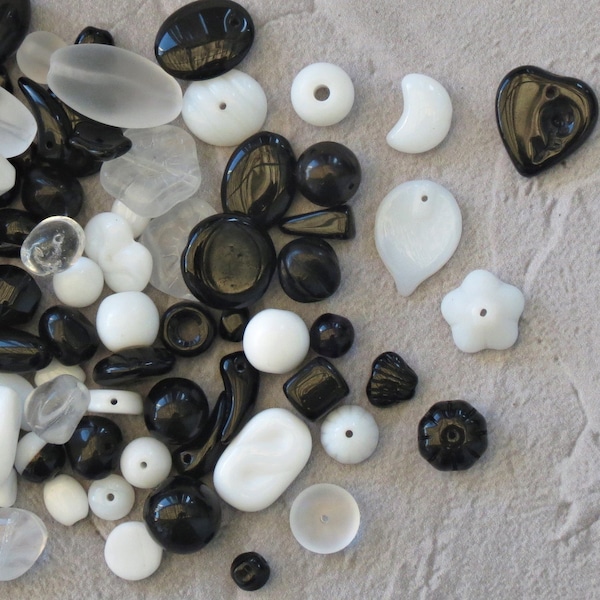 Glass Bead Mix, 40 gr (about 1 1/5 oz) or 120 gr (about 3 3/5 oz) Black and White, Czech Glass Bead Soup