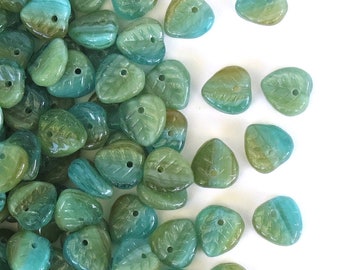 40 or 200 pcs Czech Glass Beads - 9mm Small Mint Green Heart Leaf Beads for Jewlery Making