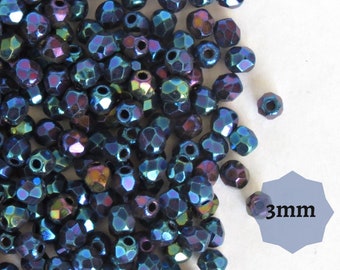 100/300 pcs Jet Black Iris Rainbow Czech Fire Polished Beads 3mm  Faceted Round Glass Beads