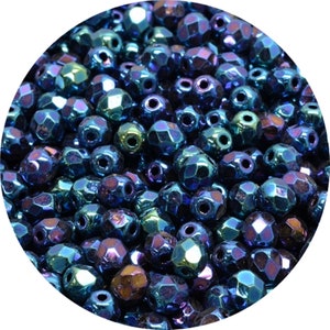 4mm Czech Fire Polished Beads Jet Black BLUE IRIS, 60pcs or 300pcs faceted glass beads round