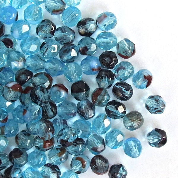 6mm Round Czech fire polished beads, Blue Brown, 40pcs faceted glass