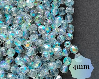 100 or 300pcs Fire Polished Faceted Beads 4mm Round, Crystal Blue Rainbow, Czech Glass Beads
