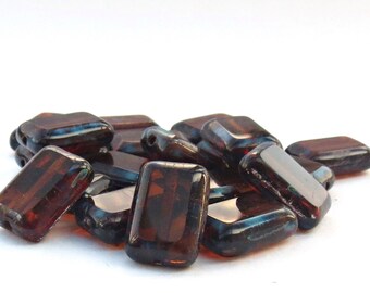 10 or 30 pcs Smoke Topaz Brown Picasso Czech Glass Rectangle Tile Beads, 12*8mm, Table Cut