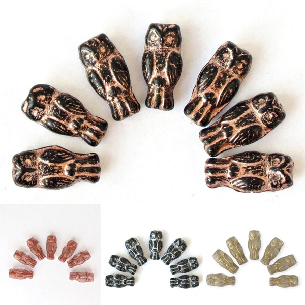 Small Owl Bead with Vertical Hole, Czech Glass Owl Beads 10 or 30 pcs Golden Clear, Bronze Clear, Black Golden, Black Silver 15mm x 7mm