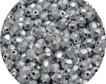 4mm Czech Fire Polished Glass Beads Faceted Round 100pcs or 300 pcs Metallic Silver DIY Beads