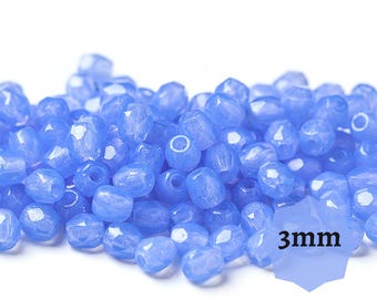 3mm Opal Milk Blue Czech Fire-Polished Beads 100pcs or 300 pcs Faceted Round Glass Beads