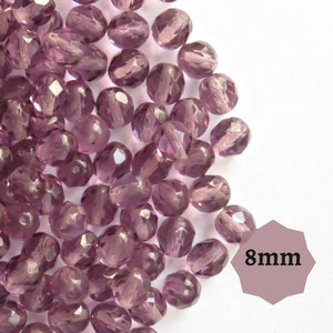 20 oder 100 Stück Tschechische feuerpolierte Perlen, Light Amethyst lila, 8 mm facettierte Glasperlen