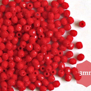 60 or 300 pcs Bright Red Czech Fire Polished Faceted Round Glass Beads, 3mm