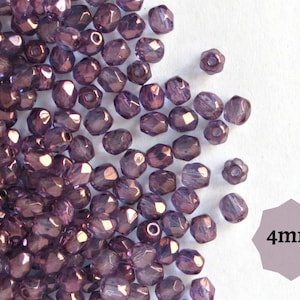 100 o 300 cuentas checas pulidas al fuego, 4 mm, transparentes, color morado VEGA, cuentas de vidrio facetadas redondas