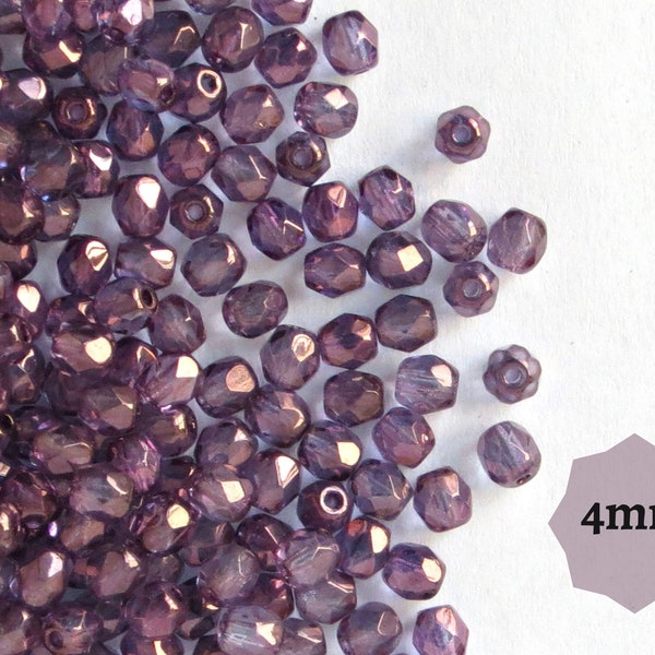 60 or 300 pcs Czech Fire Polished Beads, 4mm Clear VEGA Purple, Faceted Glass Beads Round