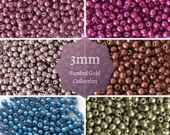 3mm Czech Round Glass Beads Sueded Gold Colors Collection packs of 120pcs or 600 pcs