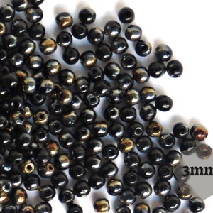 3mm Czech Glass Beads Round Druk Jet Black Valentinite, 120 pcs or 600 pcs