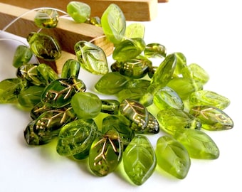 Czech Leaf Beads - 40 or 200 pcs Mix of Olive Green Glass Beads for Jewelry Making 7mm X 12mm