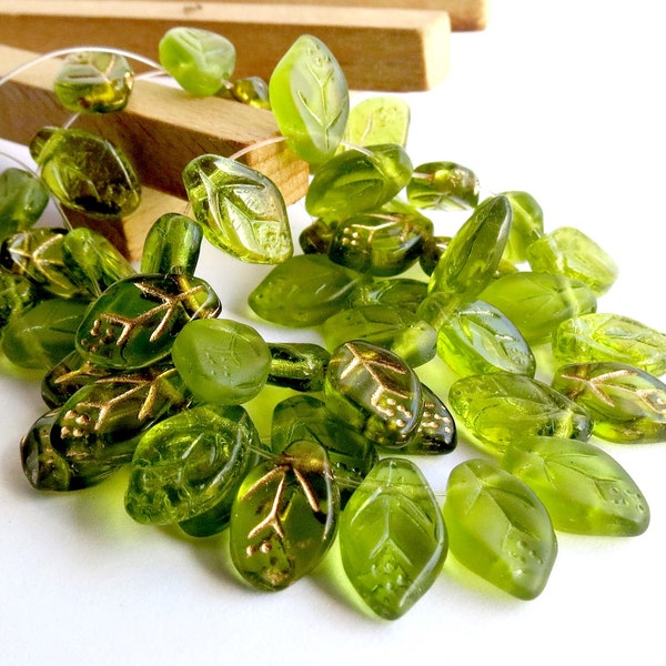 Czech Leaf Beads - 40 or 200 pcs Mix of Olive Green Glass Beads for Jewelry Making 7mm X 12mm