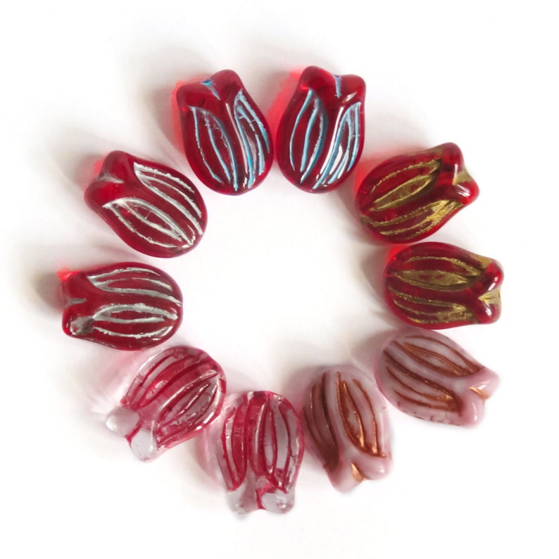 10 pcs Czech Glass Tulip Flower Beads Ruby Red Gold Pink Beads for Jewelry Making