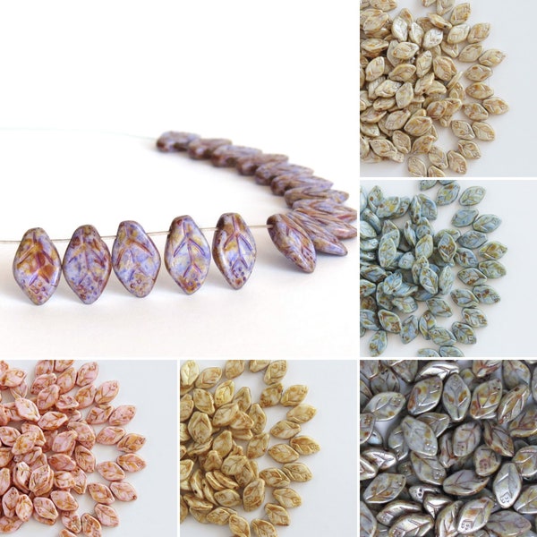 40 pcs Czech Glass Picasso Leaf Beads 7mm X 12mm, Blue, Pink, Beige, Cream, Purple