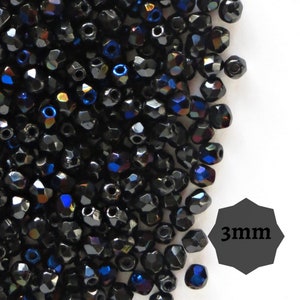 100 oder 300 Stück Jet Schwarz Blau Azuro Tschechische feuerpolierte facettierte runde Glasperlen 3 mm facettierte kleine Spacer