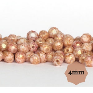 100 o 300 cuentas facetadas pulidas al fuego, redondas, de 4 mm, de vidrio checo color mármol rosa.