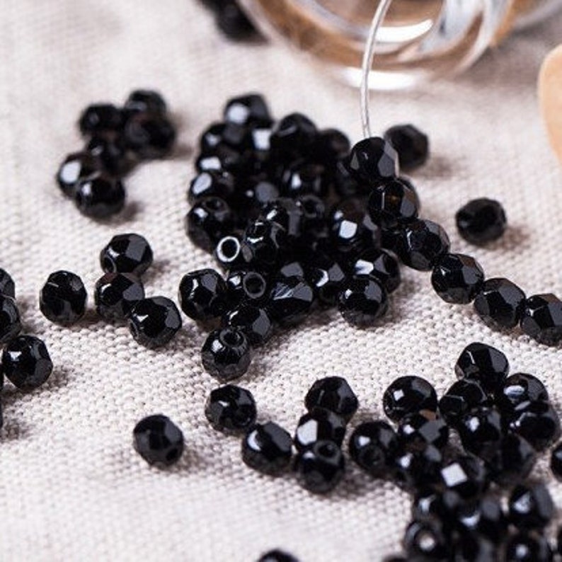 3mm Jet Black Czech Fire-Polished Faceted Round Glass Beads 60pcs Faceted Fire Polish Small Spacer