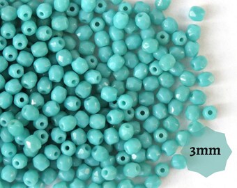 3mm Mint Turquoise Czech Fire Polished Beads, Opaque Faceted Round Glass, 100 or 300pcs