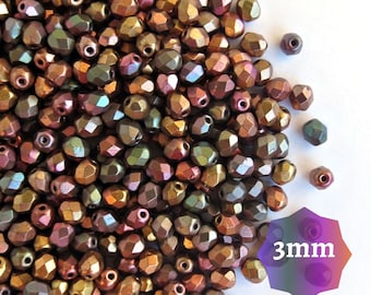 100 o 300 piezas de cuentas checas pulidas al fuego de 3 mm, cuentas redondas facetadas metálicas arcoíris doradas con iris púrpura