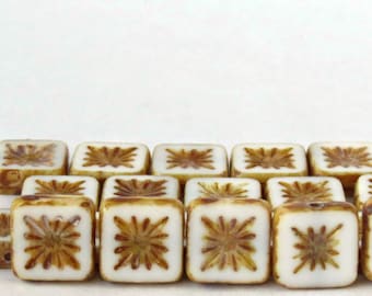 10 or 30 pcs Table Cut Star Square Beads White Picasso, 10mm Czech Glass for Jewelry Making