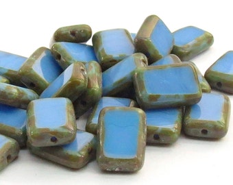 10 or 30 pcs Picasso Czech Glass Rectangle Tile Beads, Light Blue, 12*8mm, Table Cut