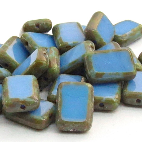 10 or 30 pcs Picasso Czech Glass Rectangle Tile Beads, Light Blue, 12*8mm, Table Cut