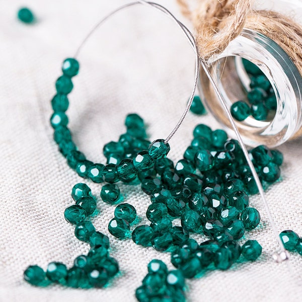 3mm Emerald Green Czech Fire-Polished Faceted Round Glass Beads 60 or 300pcs Faceted Fire Polish Small Spacer
