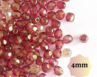 100pcs or 300pcs Czech Fire Polished Beads 4mm Golden Pink Faceted Glass Beads Round