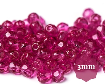 100/300 pcs Fuchsia Pink Czech Fire-Polished Faceted Round Glass Beads 3mm Faceted Fire Polish Small Spacer