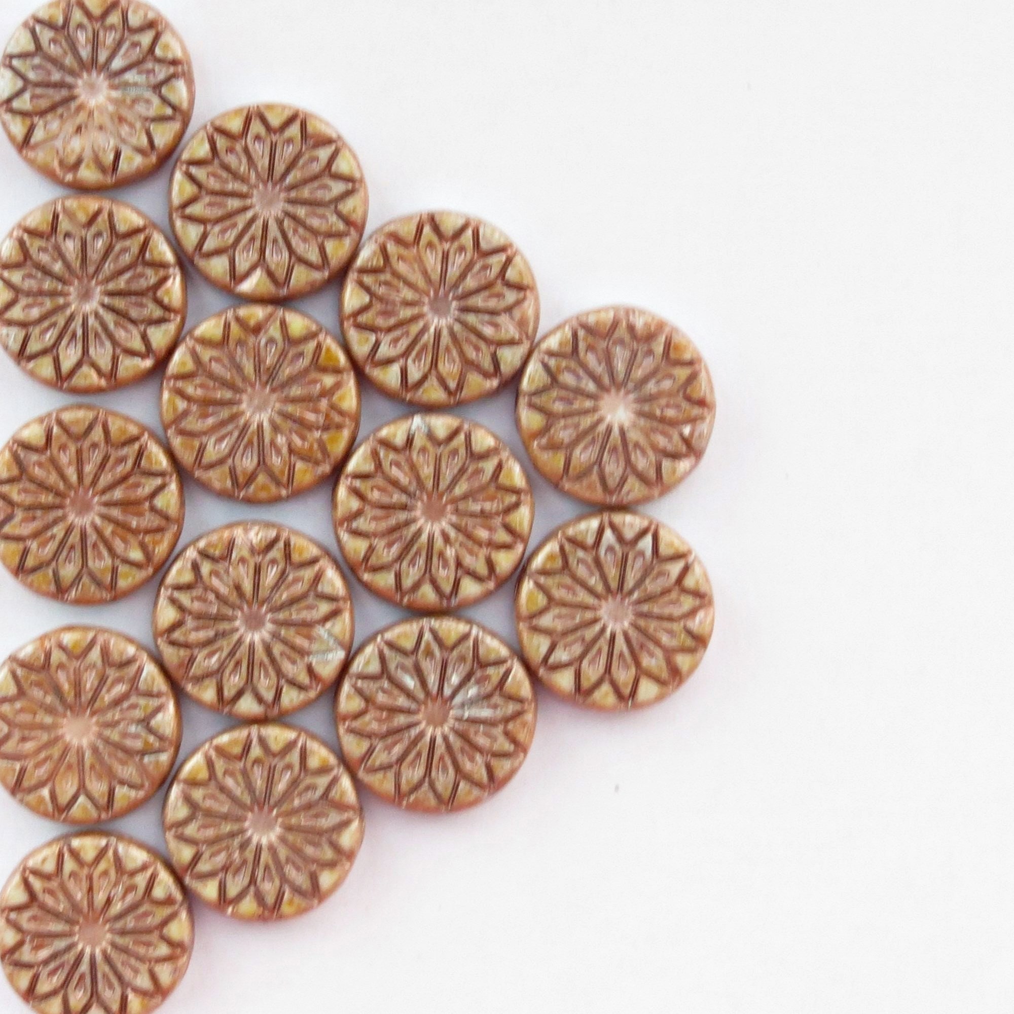 4 or 12 pcs Chalk Cream with Bronze Streaks Silver Star Flower Coin Beads or Mandala Beads 18mm
