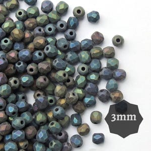 3 mm Tschechische feuerpolierte facettierte runde Glasperlen, Jet Iris Regenbogen matt, 60 oder 300 Stück facettierte feuerpolierte kleine Spacer