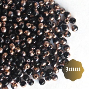 120 pcs or 600 pcs Czech Glass Beads Round Druk Jet Black Capri Gold, 3mm