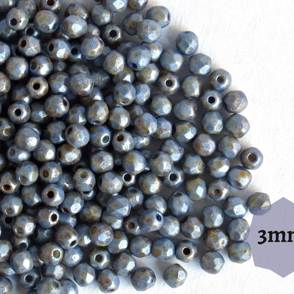 60 or 300 pcs Czech Fire Polished Beads Marbled Blue, Faceted beads