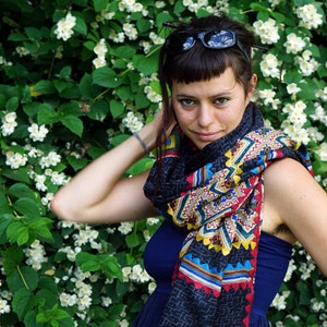 Black wool scarf with colorful embroidery