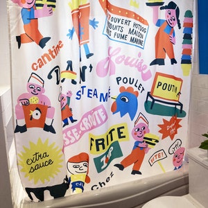 Shower curtain designed by canadian artist Vincent Toutou, with fun and colourful unique cartoon patterns, for Costume de bain in Montreal.