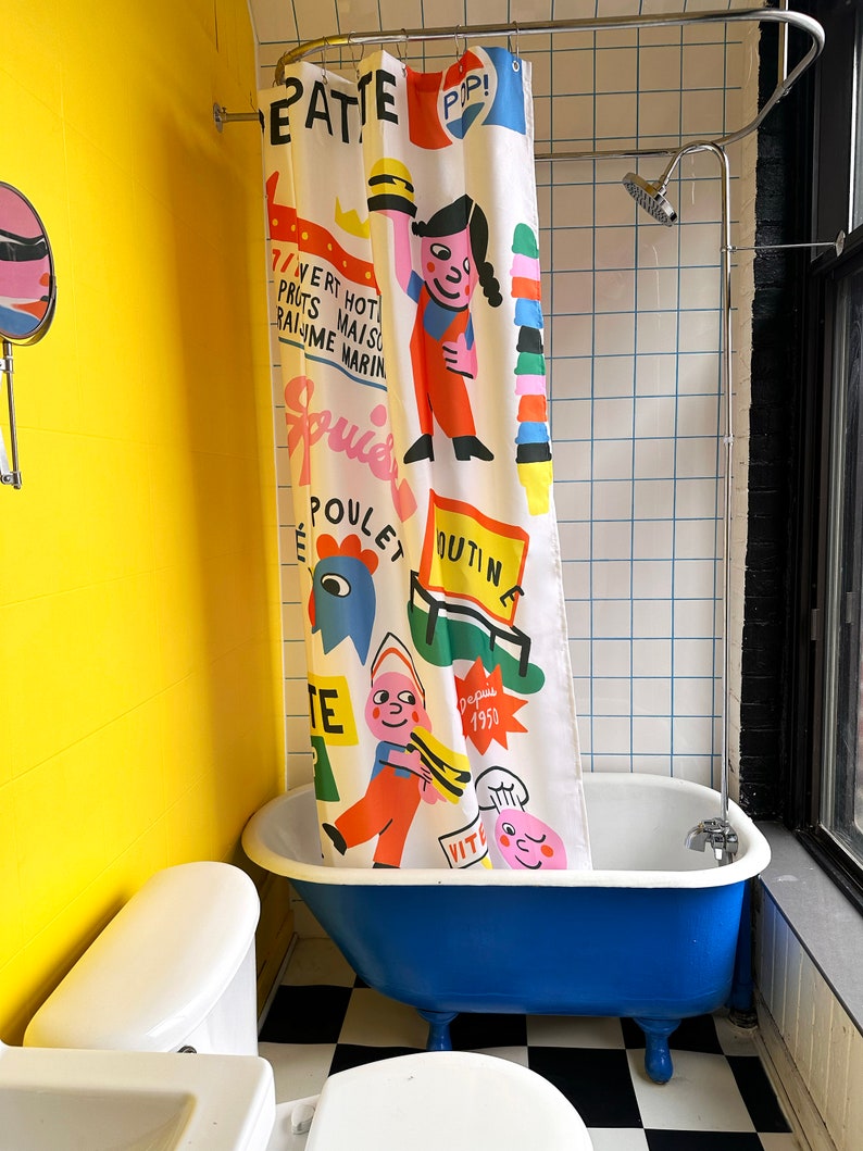 Shower curtain designed by canadian artist Vincent Toutou, with fun and colourful unique cartoon patterns, for Costume de bain in Montreal.