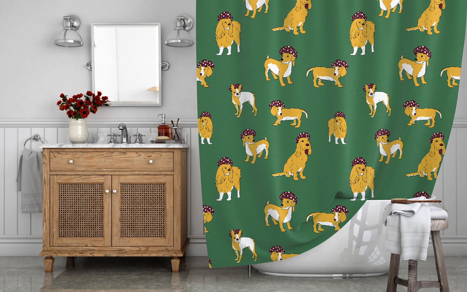 Green Shower Curtain With Dog Pattern Water Resistant and Etsy