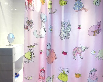 Lovestruck prints Katten in kleding douchegordijn voor badkamer, waterafstotende en wasbare stof, 71 x 71, perfect huisverwarmend cadeau