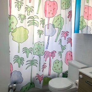 Unique shower curtain with original pattern by artist CATHON, fabric waterproof and washable, fun and colourful, cool house warming gift
