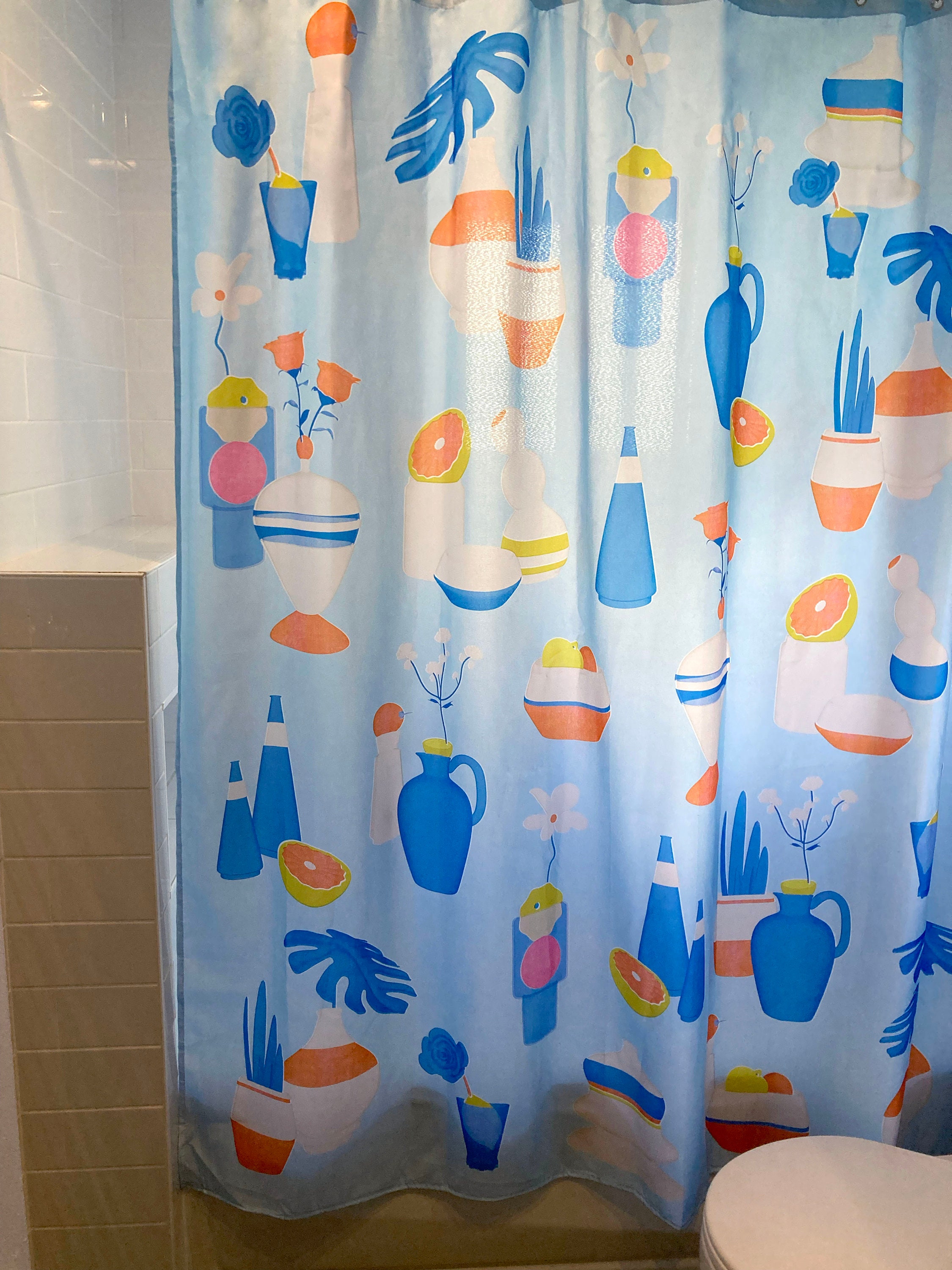 Citrus fruits & pottery blue boho high end shower curtain for bathrooms, water resistent and washable, 71 x 71, best mother's day gifting