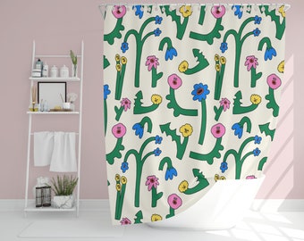 Singing flowers shower curtain with original pattern by artist PONY, fabric waterproof and washable, cute colourful, cool mother's day gift