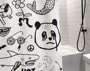 Black and white handrawn shower curtain print for bathroom, unique doodle design by artist, water resistant and washable quality fabric